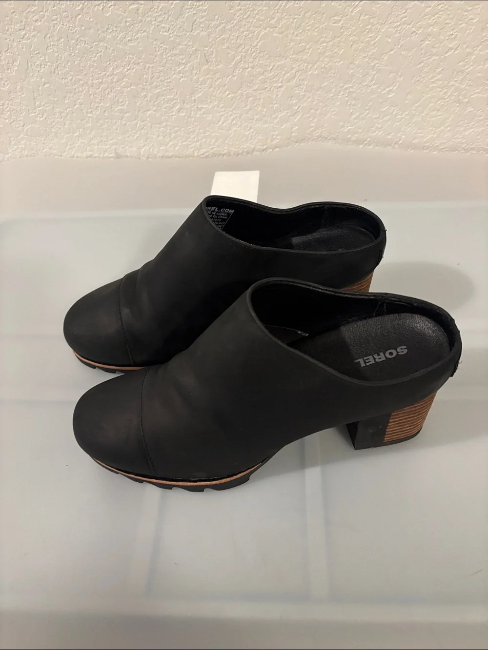 Sorel Black Addington Mule boots SZ 8.5 stacked heel slip on waterproof leather - Picture 3 of 12